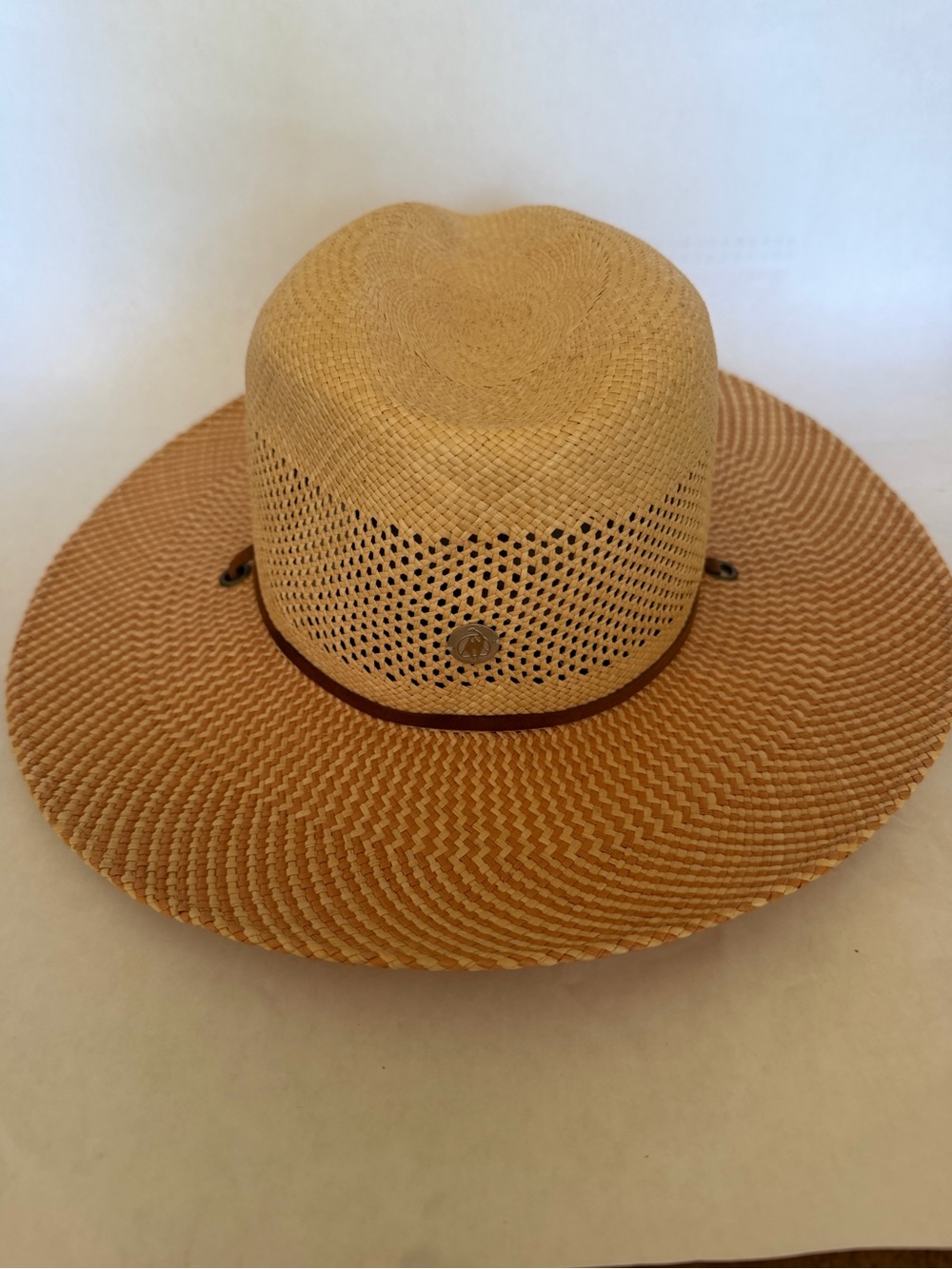 Freya Wide-Brim Straw Sun Hat in Tan with Brown Trim